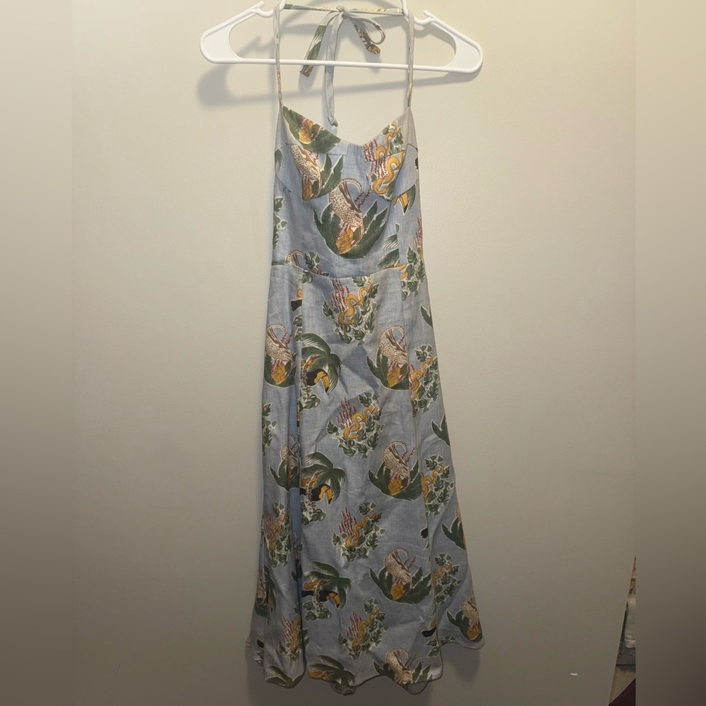 Reformation Blue Tropical Print Halter Midi Dress